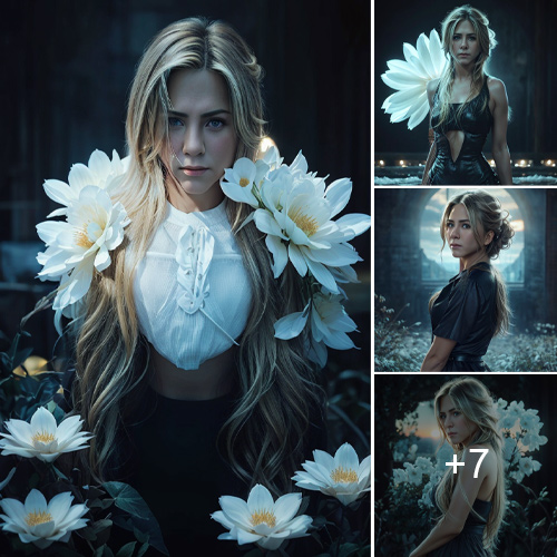 Jennifer Aniston’s Captivating Elegance by the Aquamarine Flowers